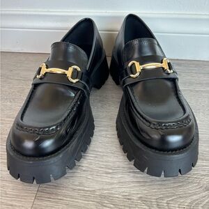 Black Chunky Loafers with Gold Buckle